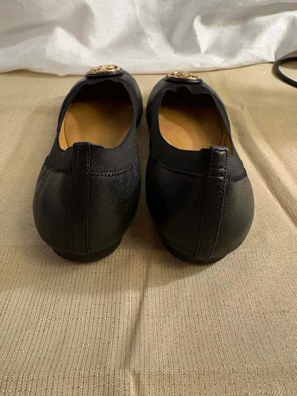 Tory Burch Black Leather Caroline Logo Emblem Ballet Flats